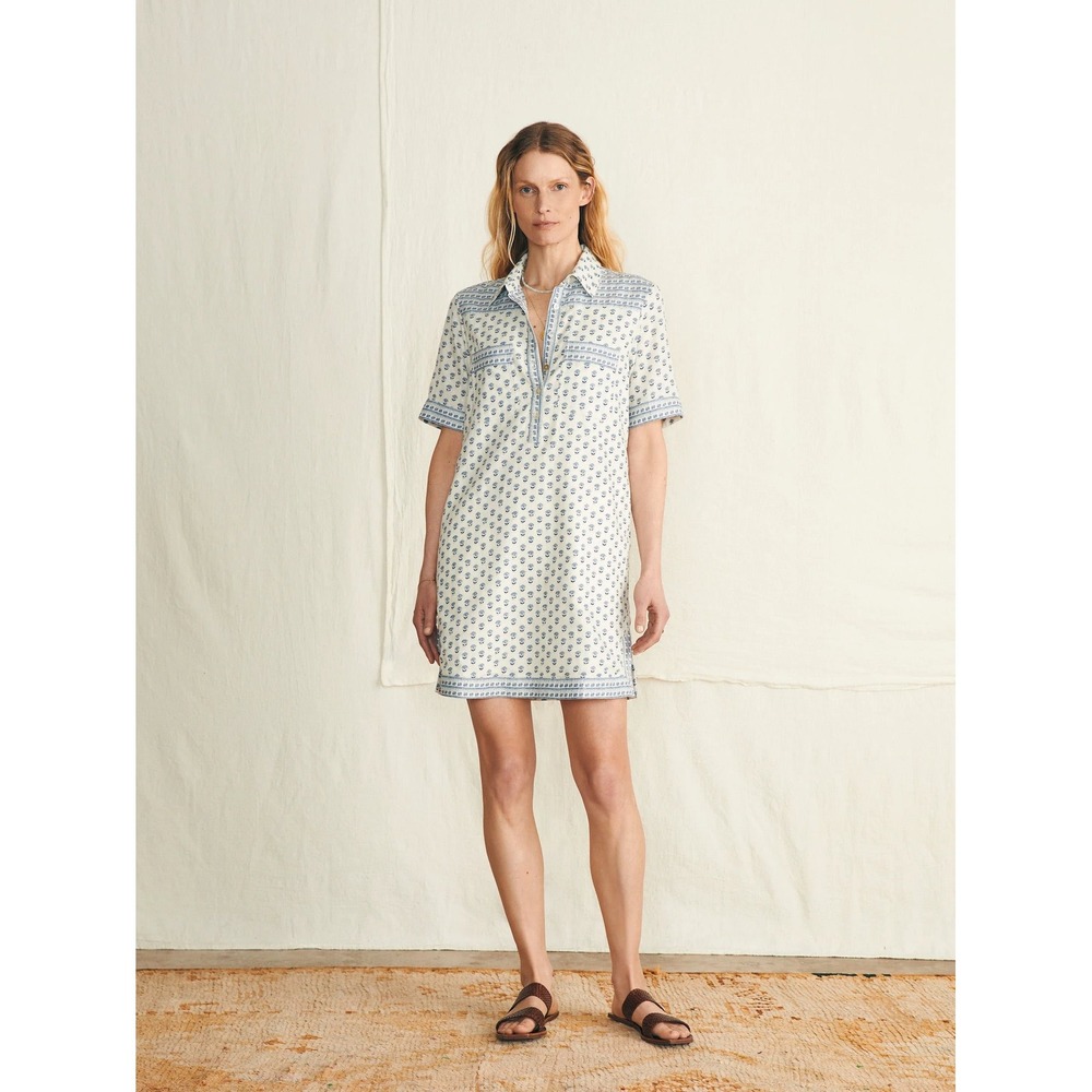 Faherty Women Blue White Floral Linen Blend Short Sleeve Tunic Dress Large